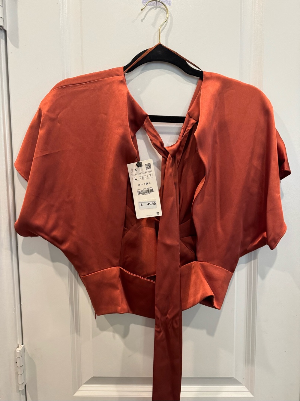 Zara Satin Tie-Neck Crop Blouse - Rust